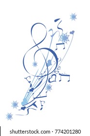 Winter music. Abstract treble clef decorated with snowflakes and notes. Vector illustration.