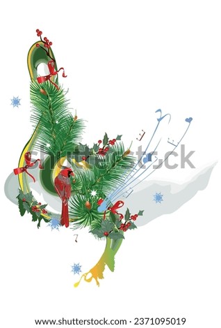Winter music. Abstract winter treble clef decorated with Christmas wreath, holy and snow. Hand drawn vector illustration.