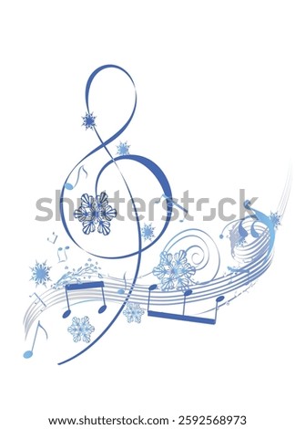 Winter music. Abstract treble clef decorated with snowflakes and notes. Vector illustration.