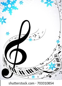 Winter musical background with notes and snowflakes