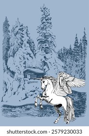 Winter mystical landscape. Panorama of rural landscape with Unicorn. Line sketch converted into vector drawing.