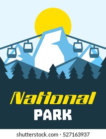Winter National Park. Lifts up the mountain. Fresh air. on the horizon, winter nature view. Pine forest. Vector illustration. Flat style