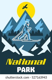 Winter National Park. Skier walking in the snow. Fresh air. on the horizon, winter nature view. Pine forest. Mountain. Vector illustration. Flat style
