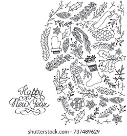 Winter natural hand drawn background with greeting inscription tree branches boot mitten cones and ribbon vector illustration