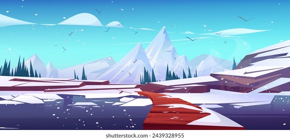 Winter natural landscape with snow mountain peaks, fur trees, wooden bridge over lake or river. Cartoon vector cold snowy scenery with high rocky hills and water pond. Northern panoramic scene.