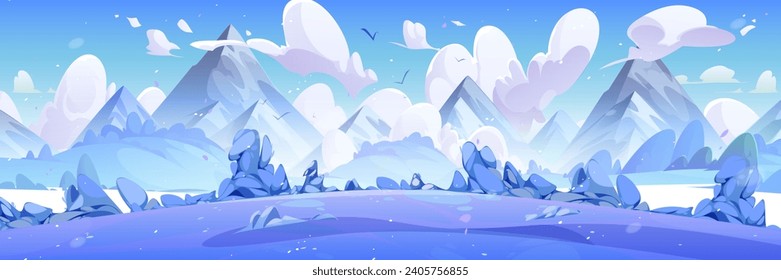 Winter natural snowy landscape with bushes and trees on meadow in foot of high mountains covered with snow. Cartoon vector panoramic cold and frozen scenery with field near hills, blue sky with clouds