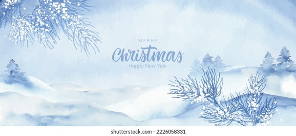 Winter nature background. Blue watercolor landscape with snowy hills, trees, forest. Christmas greeting card.