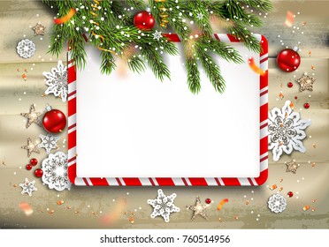 Winter nature background with fir tree and festive decorations balls, stars, snowflakes on wood background. Christmas template for banner, ticket, leaflet, card, invitation, poster and so on