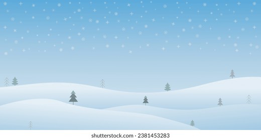 Winter nature background with snowy hills and pine trees at day, snowfall, copy space, vector