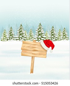 Winter nature background with a wooden sign and a Santa hat. Vector.