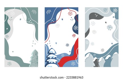 Winterhintergründe für Verkaufsflyer-Design mit Bäumen, Spuren, Kiefern, Tannen, Schnee, Schneeflocken und abstrakten Formen. Set von Winter-abstrakten Social-Media-Storys-Vorlagen.