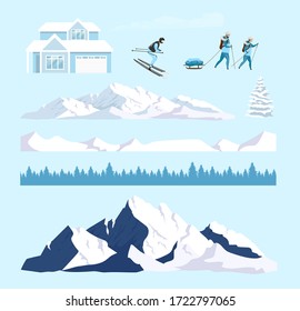 Winter nature cartoon vector objects set. Ski resort snowy mountains constructor. Skier and hills flat color illustrations collection. Forest lodge, snow peaks isolated pack on white background