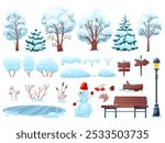 Winter nature and city park elements. Snowy trees and urban objects, snowman, frozen lake, wooden benches, signs with snowdrifts, landscape kit, vector cartoon flat isolated illustration set