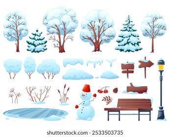 Winter nature and city park elements. Snowy trees and urban objects, snowman, frozen lake, wooden benches, signs with snowdrifts, landscape kit, vector cartoon flat isolated illustration set