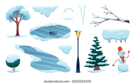Winter nature design element set. Snow symbol. Snowy decoration isolated on white background. Vector cartoon illustration