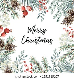 Winter nature design frame, text Merry Christmas, white background. Green pine, fir twigs, cones, red berries. Vector illustration. Greeting card, poster template. Xmas holidays