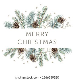 Winter nature design frame, text Merry Christmas, white background. Green pine, fir twigs, cones, stars. Vector illustration. Greeting card, poster template. Xmas holidays