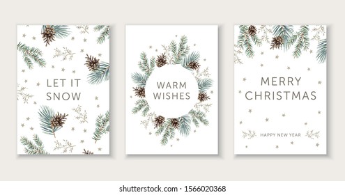 Winter Nature Design Greeting Cards Template, Circle Frame, Text Let It Snow, Warm Wishes, Merry Christmas, White Background. Green Pine, Fir Twigs, Cones, Stars. Vector Xmas Illustration