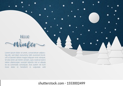 Winter nature forest and mountain landscape with Moon in the night and snow fall in paper cut style.