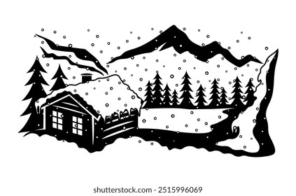 Winter nature icon house in the mountains on white background.
