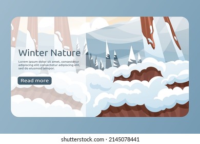 Winter nature landing page template with text. Snowy forest vector cartoon landscape.