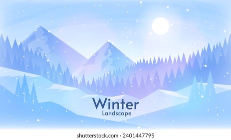 Winter nature landscape. Beautiful   winter flat landscape background. Forest with mountains and hills. Design for wallpaper, background, invitation, banner, postcard.