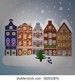 Winter nature landscape. Winter in the city, christmas decor fir-trees. New year holidays. Vector. Winter houses, road, tree. Cute town Christmas eve. Greeting card, poster design.