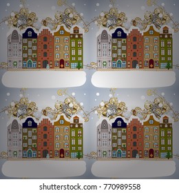 Winter nature landscape. Winter city with trees, cute houses, sun. Vector illustration. Fir-trees. Fabric print.