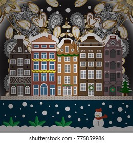 Winter nature landscape. Winter city with trees, cute houses, sun. Fabric print. Vector illustration. Fir-trees.