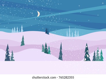 Winter nature landscape. Cold night view mountain lake in glacier valley. Snowy hills on ice river bank under snow. Vertical flyer template, wallpaper background. Cartoon outdoors vector Illustration