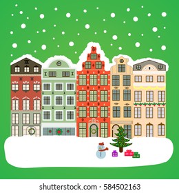 Winter nature landscape. Cute town Christmas eve. Cityscape. Vector. Winter houses, road, tree. Greeting card, poster design. New year holidays. Winter in the city, christmas decor fir-trees.