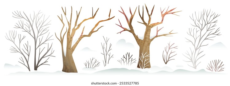 Winter nature landscape elements collection. Hand drawn trees, branches and bushes covered with snow and snowdrifts. Isolated vector graphic clipart elements for Christmas or New Year.