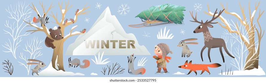 Coleção de elementos de paisagem natural de inverno. Árvores naturais cobertas de neve, raposa-urso e coelhos animais e uma criança pequena. Elementos isolados de clipart gráfico vetorial para Natal ou Ano Novo.