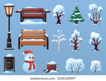 Winter nature landscape elements. Tree and bushes under snow hats, snowy bench lantern trash can. Cartoon seasonal park garden clipart, nowaday vector set