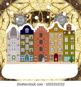 Winter nature landscape. Fabric print. Vector illustration. Winter city with trees, cute houses, sun. Fir-trees.
