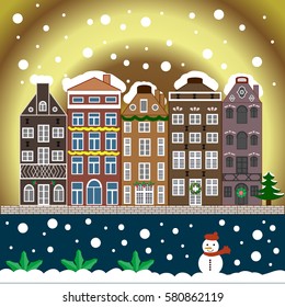 Winter nature landscape. Fabric print. Mountains, fir-trees. Vector illustration., EPS 10. Winter city with trees, cute houses, sun.