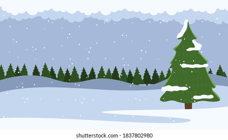 Winter nature landscape with fir-tree and falling snow, spruce forest on the horizon behind a snowy hill. Lonely green conifer tree in the foreground, frosty day in a pine forest vector background