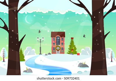 Winter nature landscape in the forest with river. Vector. Cute house with Christmas fir-tree and lantern (street light). Eps10. Christmas spirit.