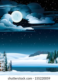 Winter nature landscape with frozen lake and full moon on a night starry sky.