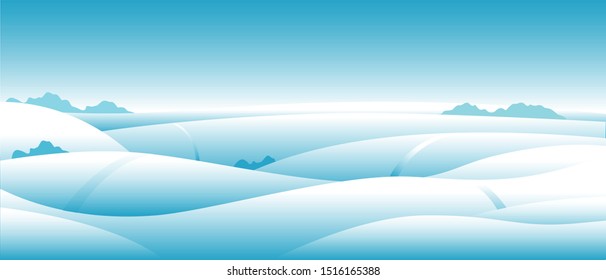 Winter nature, landscape gradient. Field, snowy white hills, snowdrifts, sky with snowflakes, meadow. Vector illustration