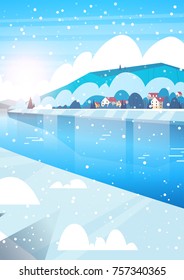 Winter Nature Landscape Houses On Frozen River Hills And Falling Snow Flat Vector Illustration
