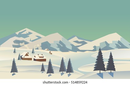 Winter Nature Landscape. Mountain River In Snowy Glacier Valley. Houses On Bank Under Snow. Lake View In Hills Pine Trees. Countryside Rural Scene Background. Cartoon Outdoors Vector Illustration