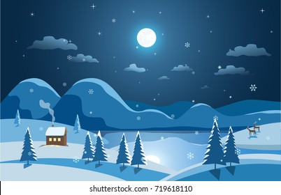 Winter nature landscape. Mountain river in night snowy valley. Rural house in snow. Frozen lake view, deers on snowy hill. Countryside frost scene background. Cartoon outdoors vector Illustration