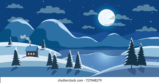 Winter nature landscape. Mountain river in night snowy valley. Rural house in snow. Frozen lake view, snowy hills in full moon. Countryside frost scene background. Cartoon outdoors vector Illustration