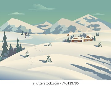 Winter nature landscape. Mountain river in snowy glacier valley. Houses on bank under snow. Lake view among hills, forest. Countryside rural scene background. Cartoon outdoors vector Illustration