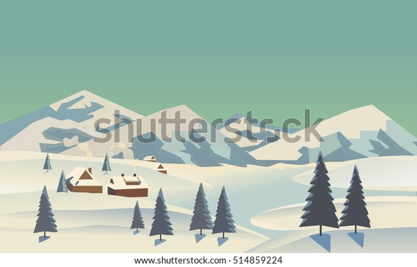 冬の自然の風景 雪の多い氷河の谷の山川 雪の中の土手の家 丘陵の松の木に見える湖 田舎の風景の背景に田舎 アウトドアのカートーンベクターイラスト のベクター画像素材 ロイヤリティフリー