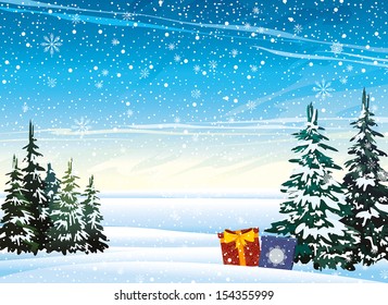 Winter nature landscape with presents and snowfall.