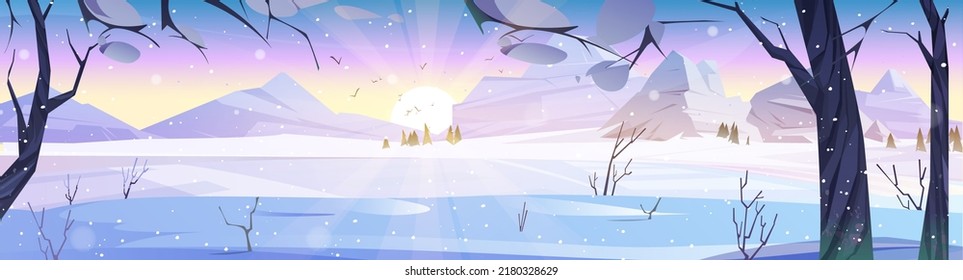 Winter nature landscape  snowfall in forest and frozen pond   mountains at early morning  Cartoon scenery sunrise background and bare tree trunks   rocks under falling snow  Vector illustration