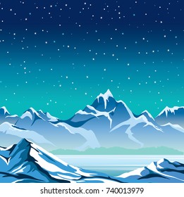 Winter nature landscape. Snowy mountains and frozen lake on a blue night sky with stars. Vector illustration.