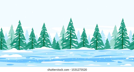 Winter nature landscape with spruce trees covered with snow tillable horizontally, beautiful winter day on snowy path through the forest, spruce trees in the snowstorms